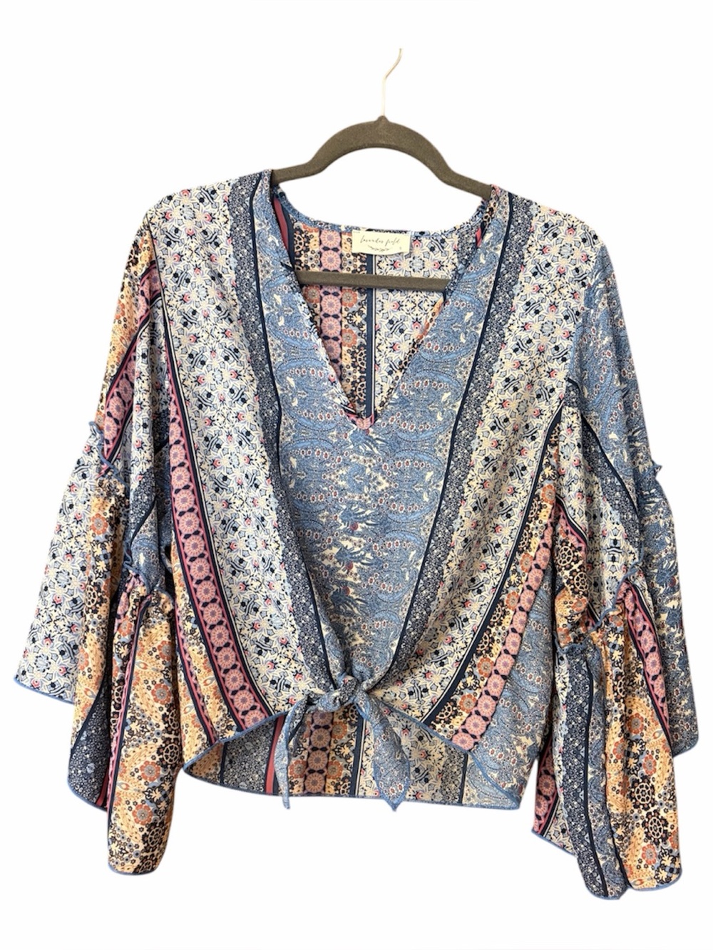 Lavender Field Boho Tie-Front Bell Sleeve Blouse